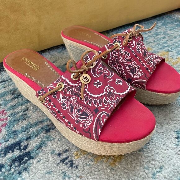 Sperry Bandana Espadrille Platform Mules Red 9 - Picture 1 of 7